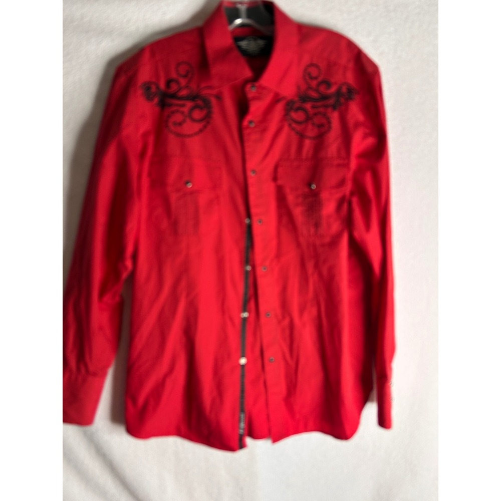 El General 1901 Mens Red Western Shirt Black Embroidery Pearl Snap Long Sleeve
